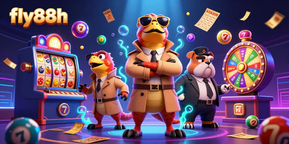 Experience winning fun at fly88h with raptors in a trench coat entering a VIP lounge in a colorful casino.