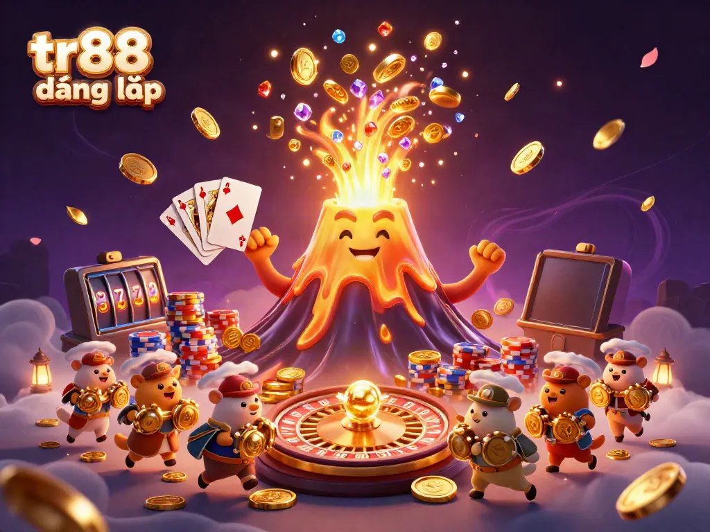 Experience the thrill with tr88 đăng nhập, featuring a dynamic volcano of coins and treasures in an exhilarating casino scene.