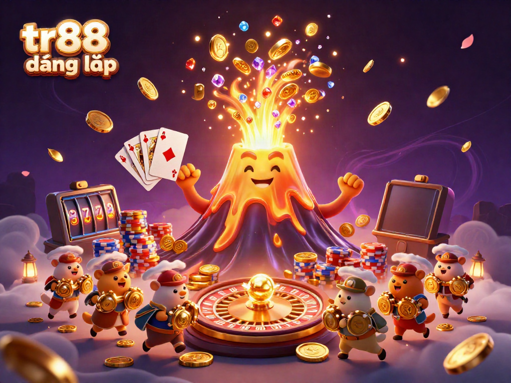 Experience the thrill with tr88 đăng nhập, featuring a dynamic volcano of coins and treasures in an exhilarating casino scene.