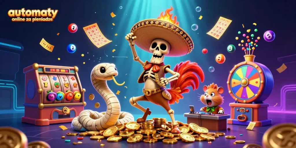 Experience the thrill of automaty online za pieniadze with colorful slots, jackpots, and a festive scene.