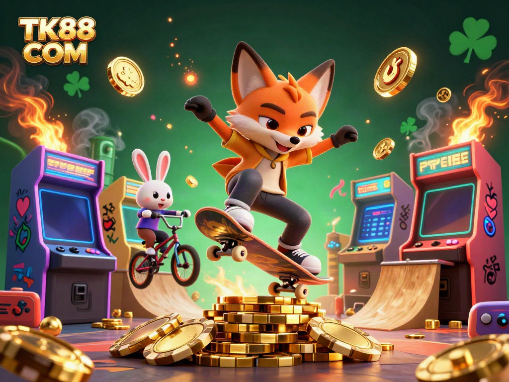 Experience thrilling gameplay with TK88 COM as the skateboarder fox and BMX rabbit perform tricks in a vibrant casino setting.