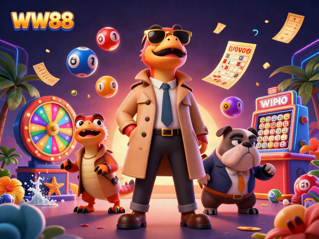 WW88's dynamic VIP casino entrance scene showcasing playful raptors and vibrant lottery elements.