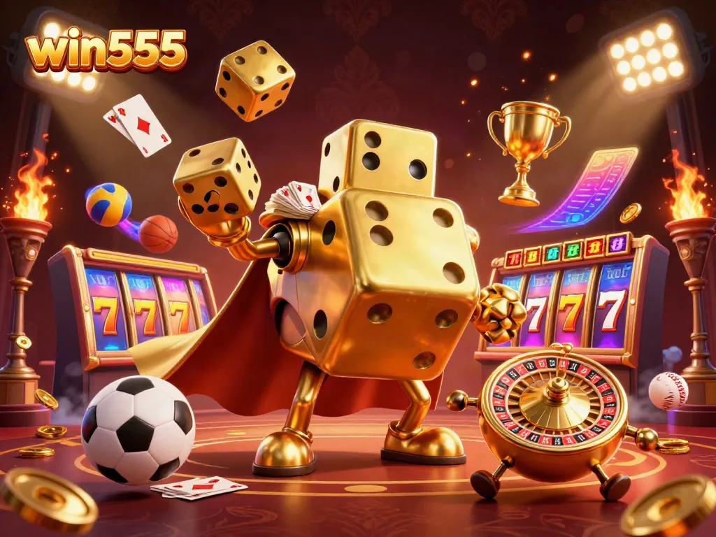 Win555 players engaging with vibrant, inviting 3D casino characters and elements, showcasing an exciting online gambling experience.