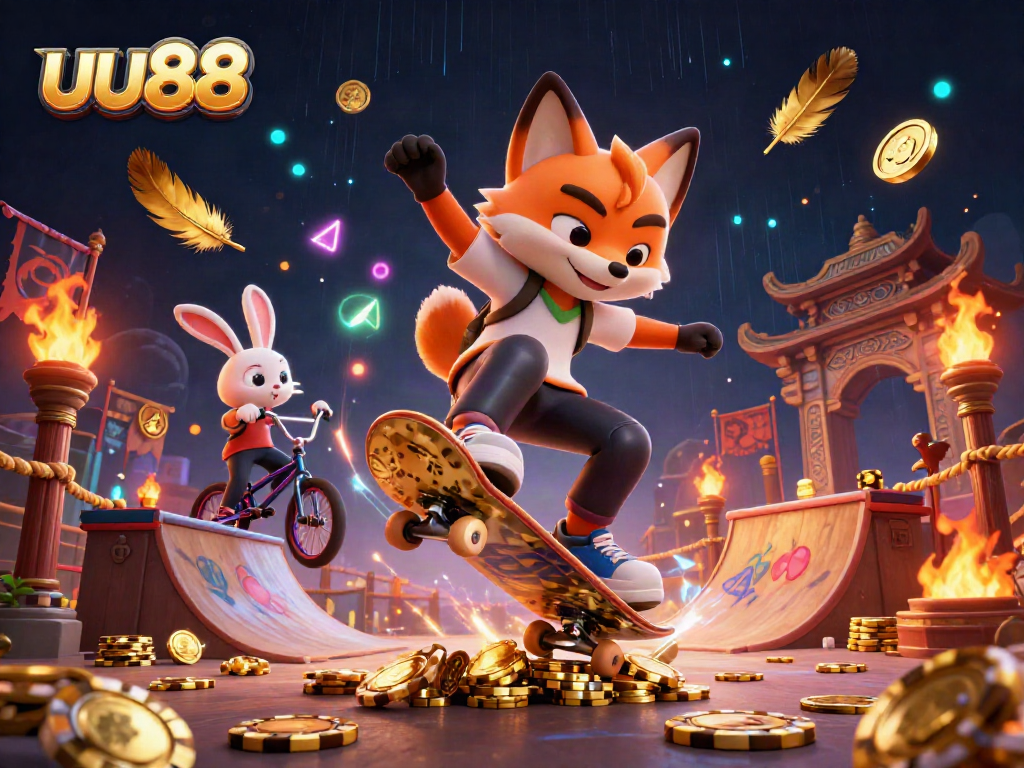 Experience the excitement of uu88 with vibrant casino-themed 3D illustration featuring dynamic gaming characters.