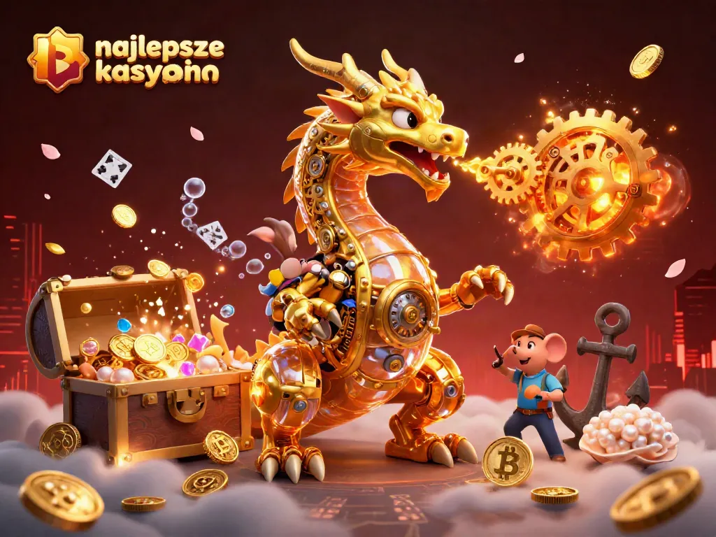 Najlepsze kasyno bitcoin scene showcasing a golden dragon and blockchain treasures in a vibrant 3D world.