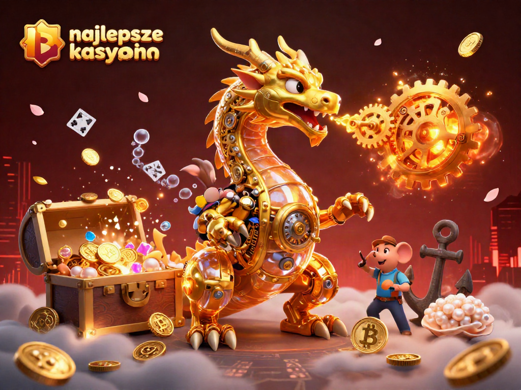 Najlepsze kasyno bitcoin scene showcasing a golden dragon and blockchain treasures in a vibrant 3D world.