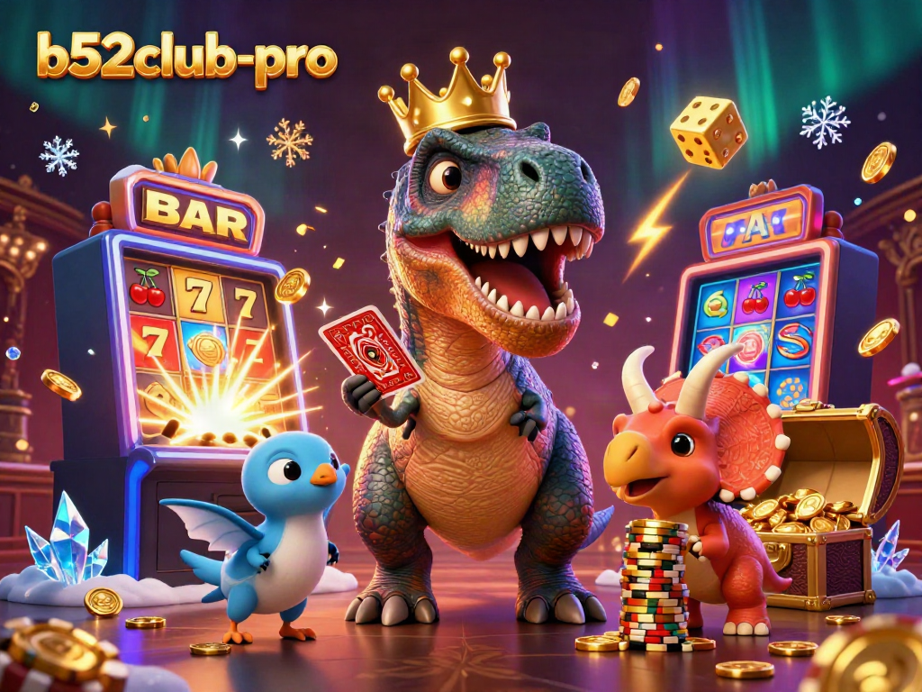 Engaging scene of 3D characters representing b52club-pro at a lively casino, showcasing dynamic gaming elements.