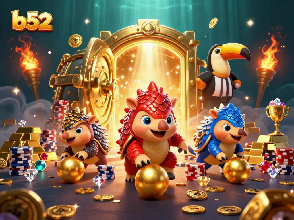 Experience exciting b52 gaming with rival pangolins bowling through poker chips amidst golden treasure.