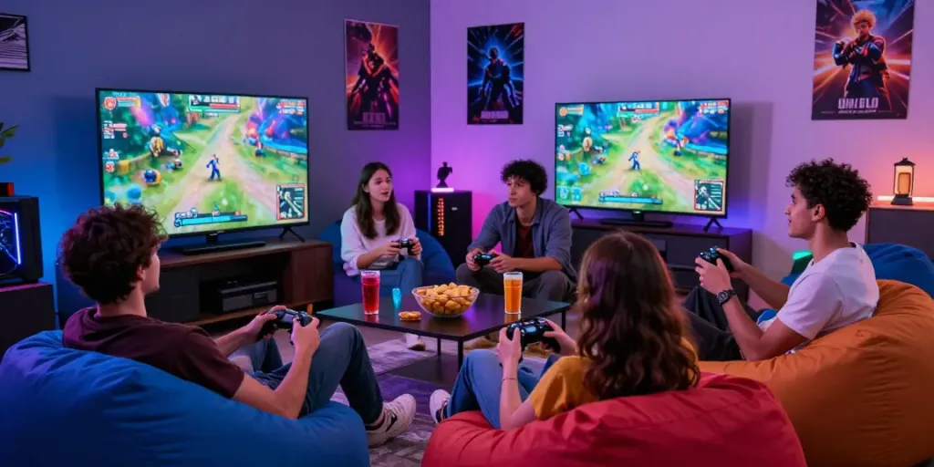 Fun gaming session with friends enjoying harta 88 on a large screen, vibrant atmosphere.