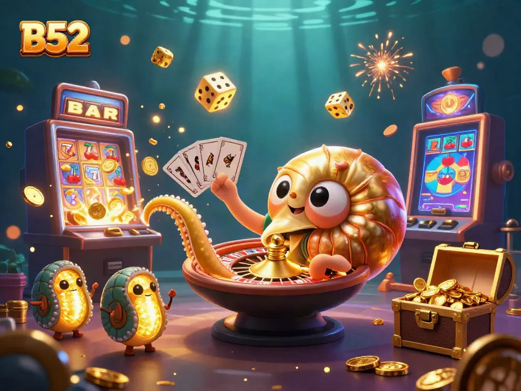 Experience the vibrant B52 gaming world with swirling coins, cards, and a jackpot scene.