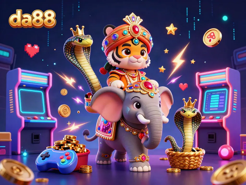 Engage with the exciting da88 casino scene featuring a vibrant illustration of a maharaja, elephant, and cobra in a colorful gaming environment.