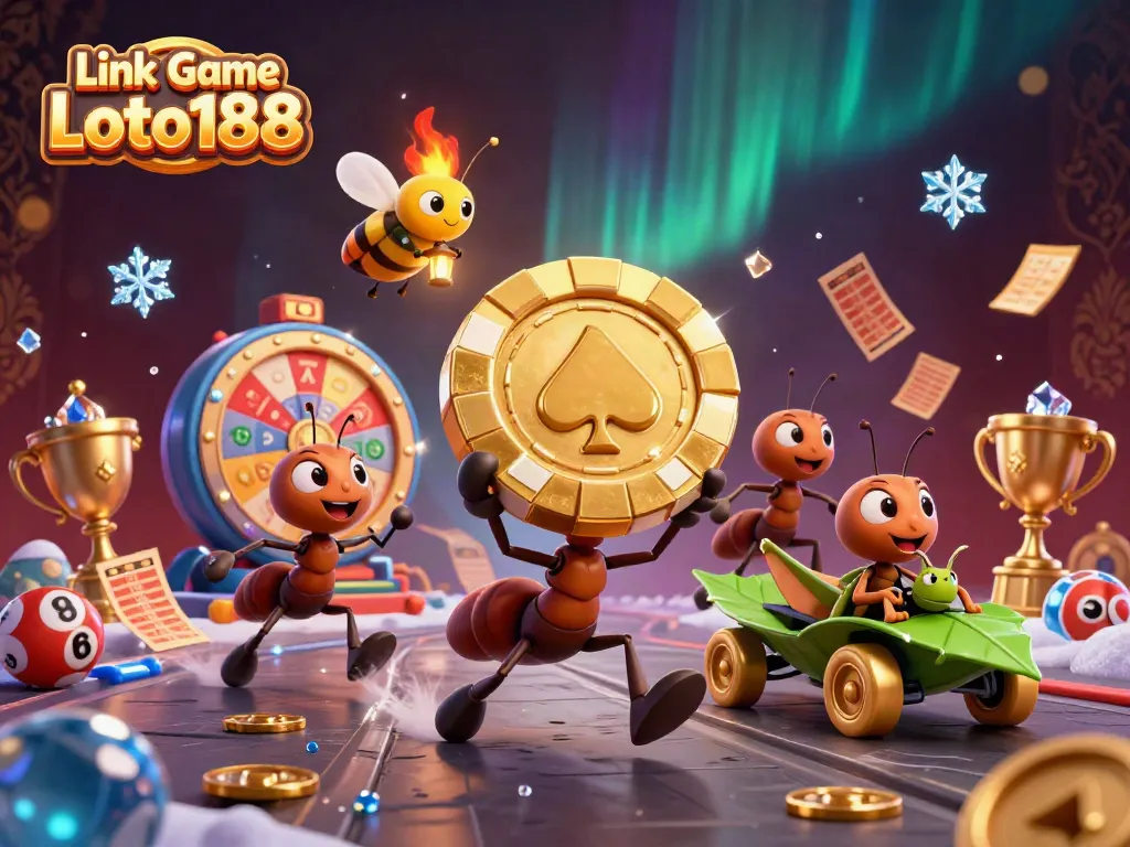 Engage in lottery excitement with Link Game Loto188 featuring a thrilling 3D heist scene of ants.
