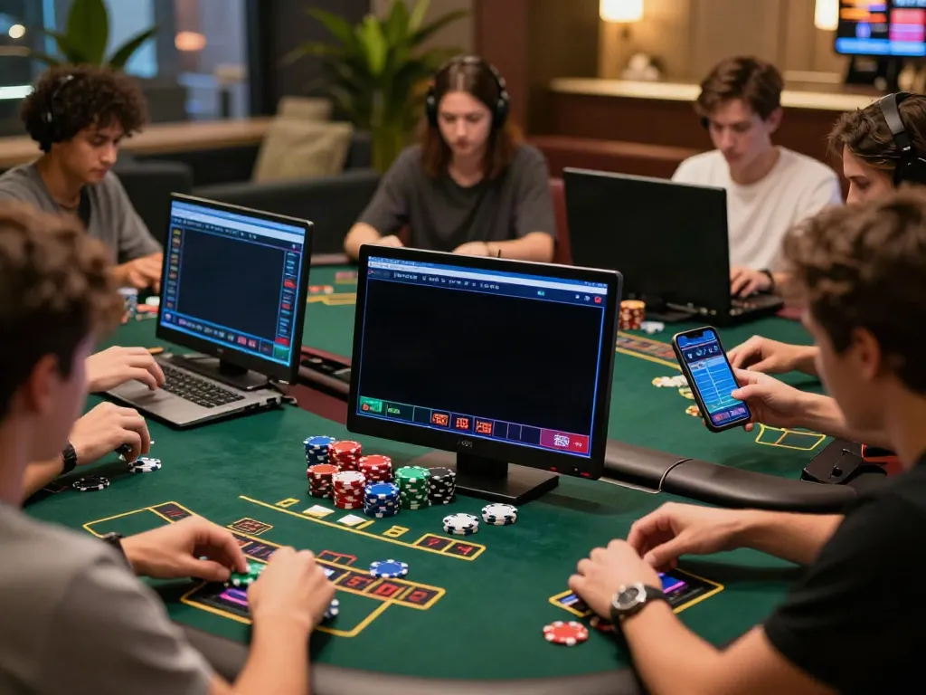 Online gambling excitement at https://man881.jp.net/ with diverse players enjoying various games in a vibrant setting.