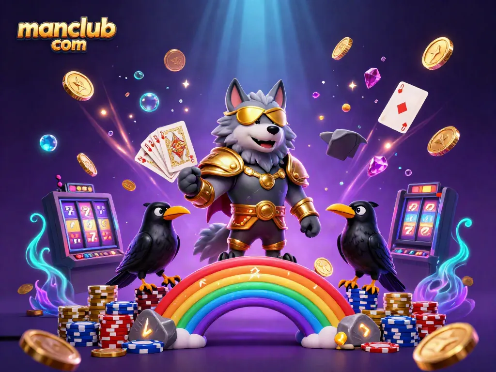 Experience thrilling gameplay at manclub com where Odin and his ravens celebrate casino wins amidst golden coins and treasures.