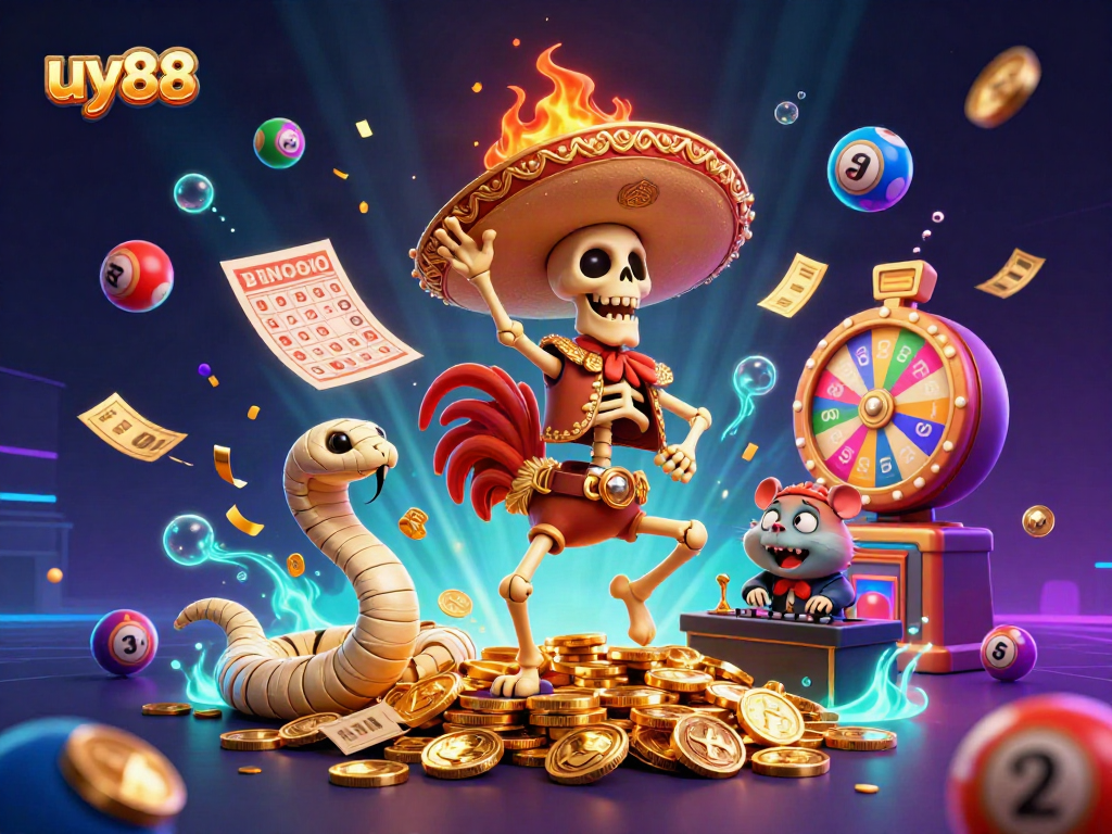 Experience excitement at uy88 with a lively 3D illustration featuring fun casino characters and dynamic lottery elements.