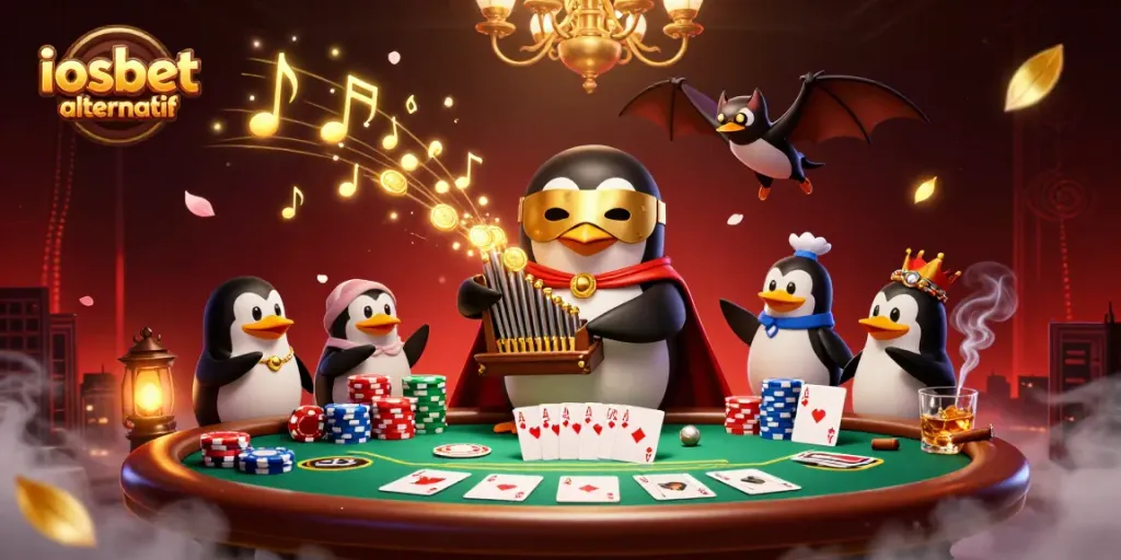 Ilustrasi 3D menampilkan pemain iosbet alternatif di kasino dengan koin emas meluncur dan tema permainan.