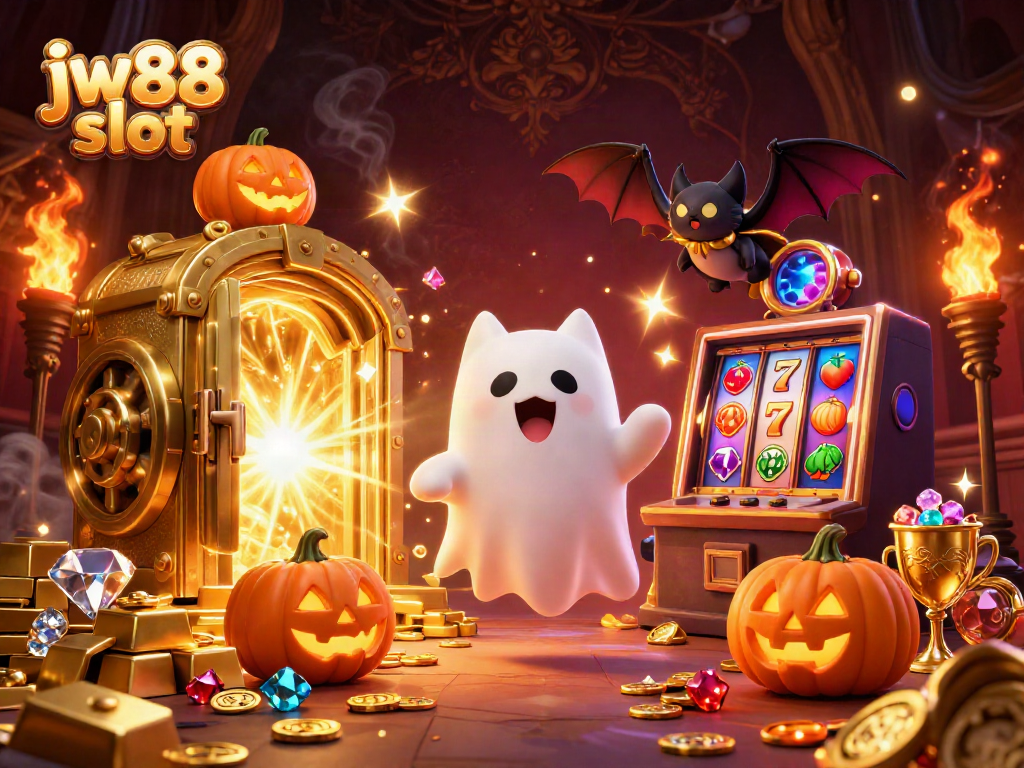 Experience thrilling jw88 slot action in a haunted casino scene with glowing ghost cat and treasures.