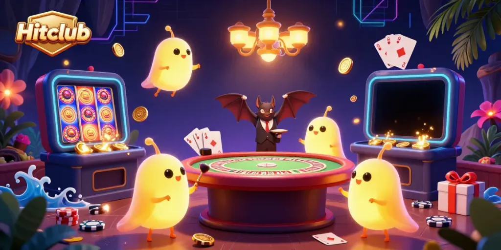 Experience the excitement of Hitclub with glowworms illuminating a vibrant casino scene full of games and rich details.