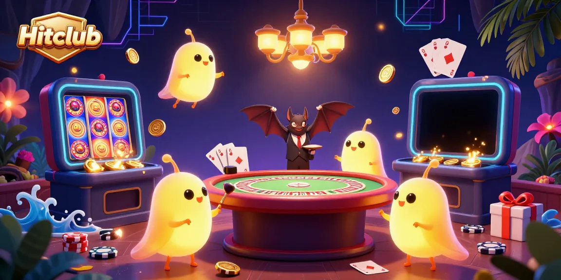 Experience the excitement of Hitclub with glowworms illuminating a vibrant casino scene full of games and rich details.