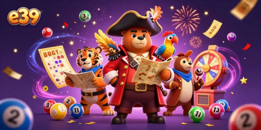 Join the excitement at e39 with vibrant casino elements and playful 3D characters.