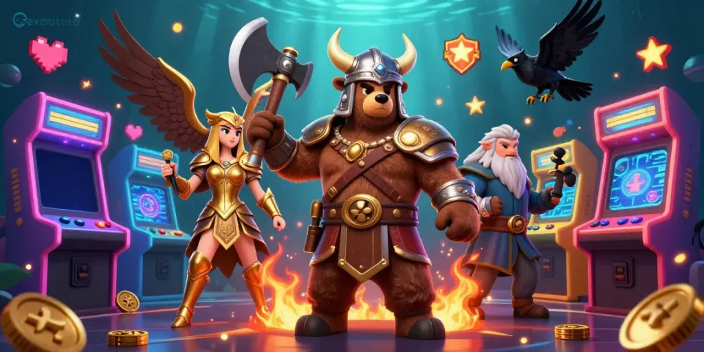 Gambarkan eksototo dengan karakter Viking beruang dan elang Valkyrie dalam nuansa kasino penuh warna.