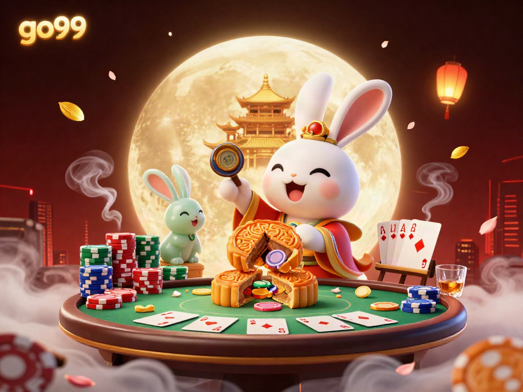 Experience the excitement of go99 with a vibrant 3D scene featuring a moon rabbit surrounded by poker elements, illuminating the online gaming space.