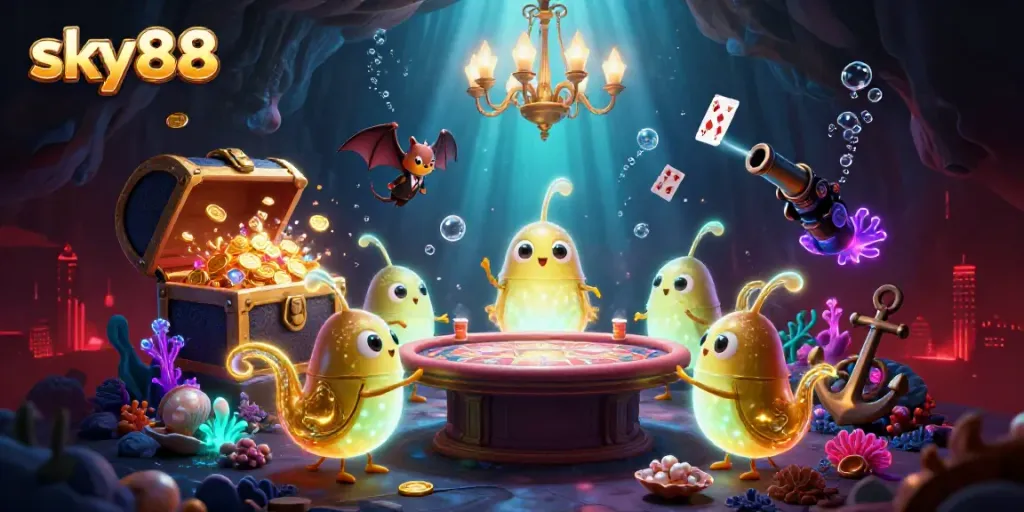 Join the thrilling action at sky88 where colorful glowworms illuminate the cave casino atmosphere.