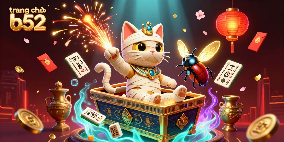 Engage with the vibrant casino scene on trang chủ b52 featuring an Egyptian mummy cat and golden elements.