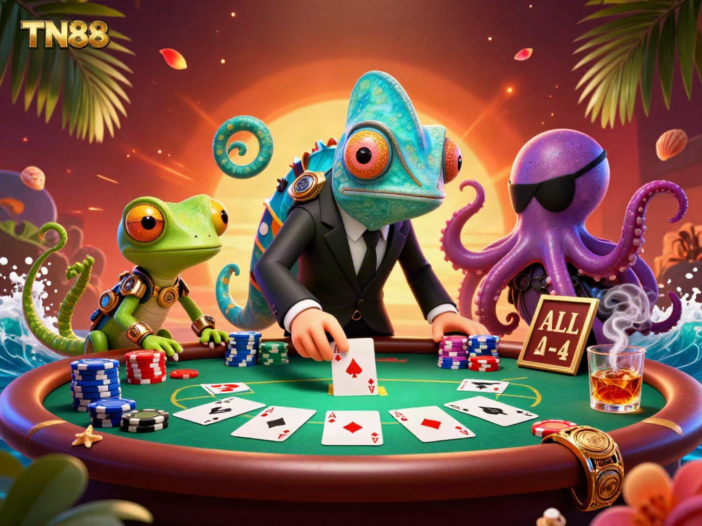 Engage in exciting poker action with TN88 featuring colorful stacks and vibrant characters.