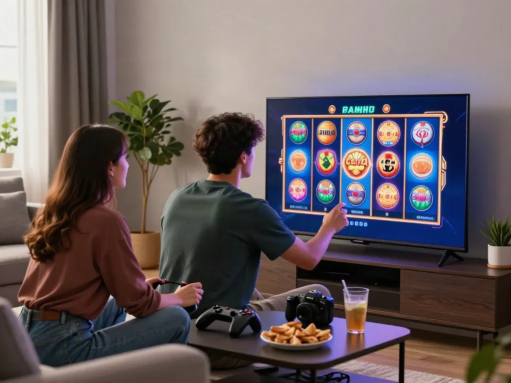 Exciting gaming scene featuring tuan88 slot games in a cozy living room.