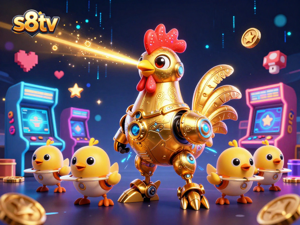 Spectacular s8tv gaming scene with a golden rooster robot and flying chick drones amidst casino elements.