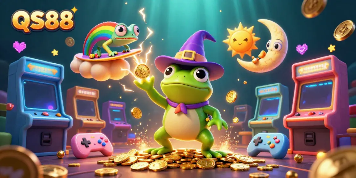 Experience the thrilling world of QS88 with a vibrant 3D illustration showcasing games and adventures.