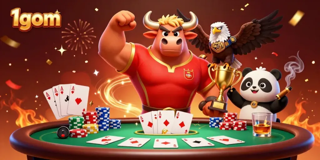 Bet big with 1gom: 3D cartoon bull mascot and friends celebrating a poker win.