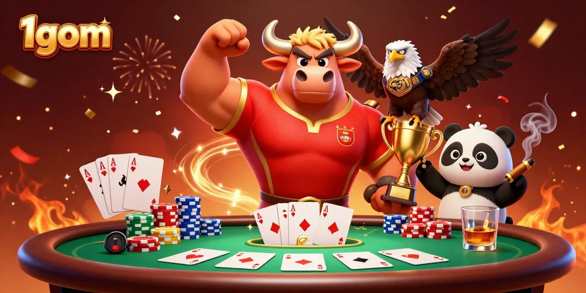 Bet big with 1gom: 3D cartoon bull mascot and friends celebrating a poker win.