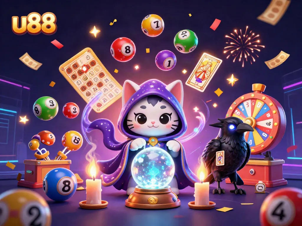 Win big at u88 with a mystical cat and a raven, surrounded by lottery balls and prizes.
