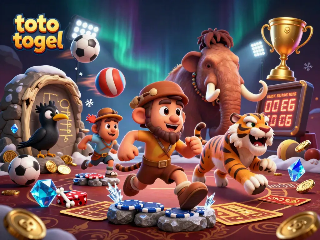 Engage in thrilling toto togel at a prehistoric casino with cartoon characters and dynamic game elements.