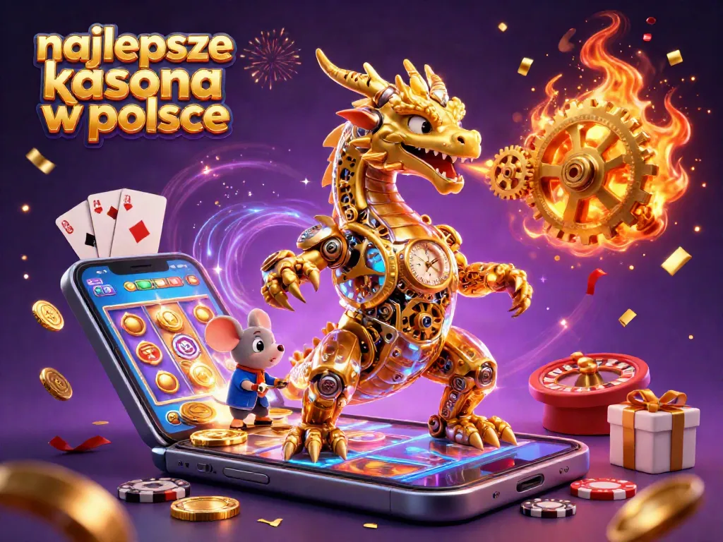 Experience the excitement of najlepsze kasyna w polsce with this vibrant 3D digital illustration showcasing a golden dragon and slot games.