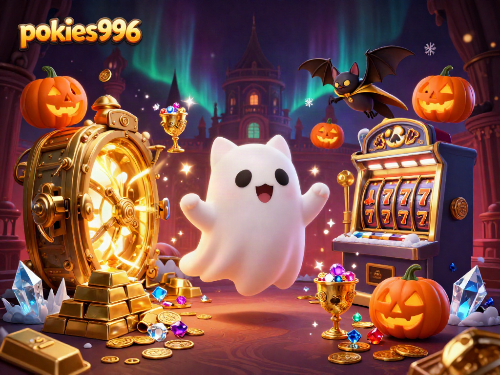 Explore pokies996's lively atmosphere with a ghost cat and treasures in a vibrant casino scene.