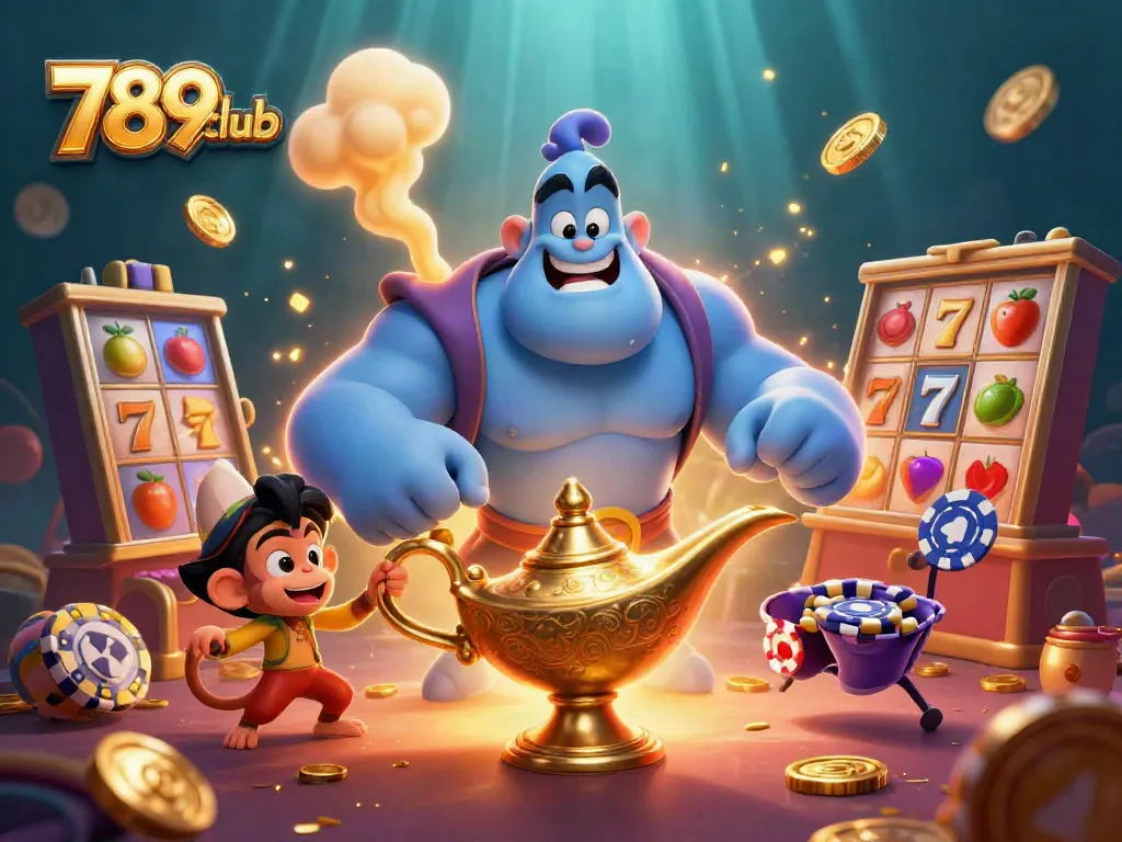 Experience thrilling wins with 789club as a genie unleashes jackpot excitement in a vibrant casino.