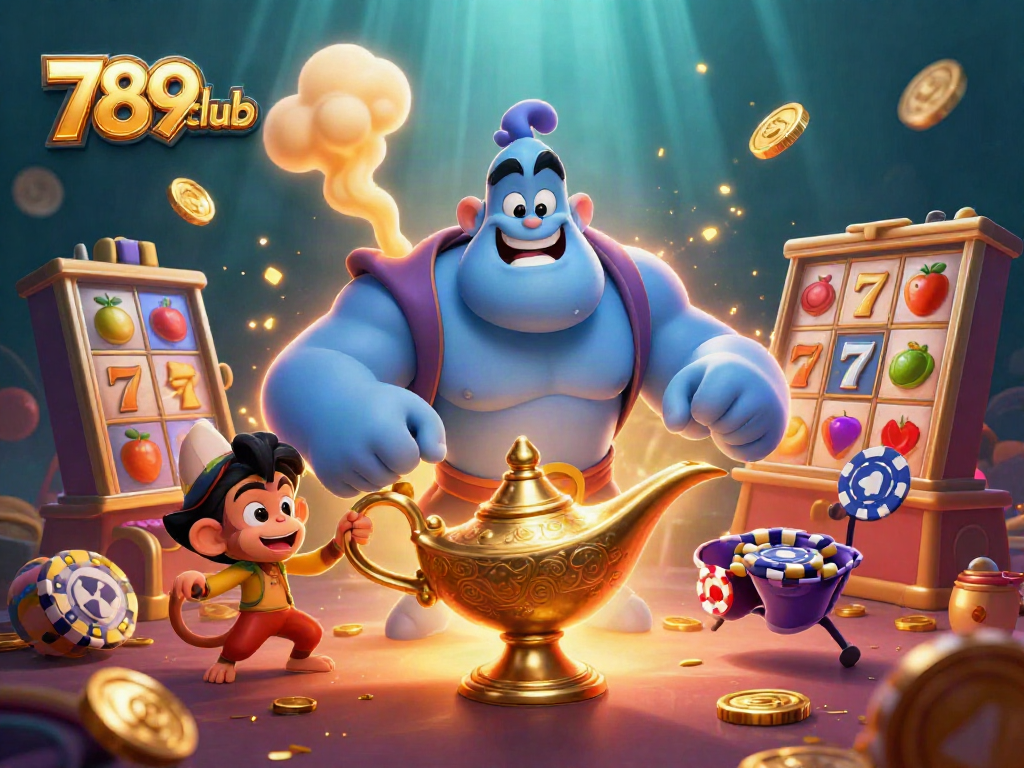 Experience thrilling wins with 789club as a genie unleashes jackpot excitement in a vibrant casino.