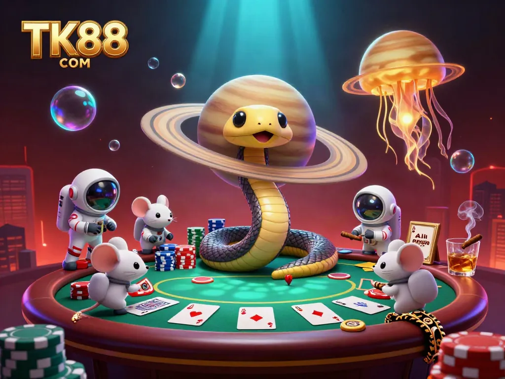 Engage in vibrant cosmic gambling action with TK88 COM's unique 3D casino scene featuring roulette and poker.