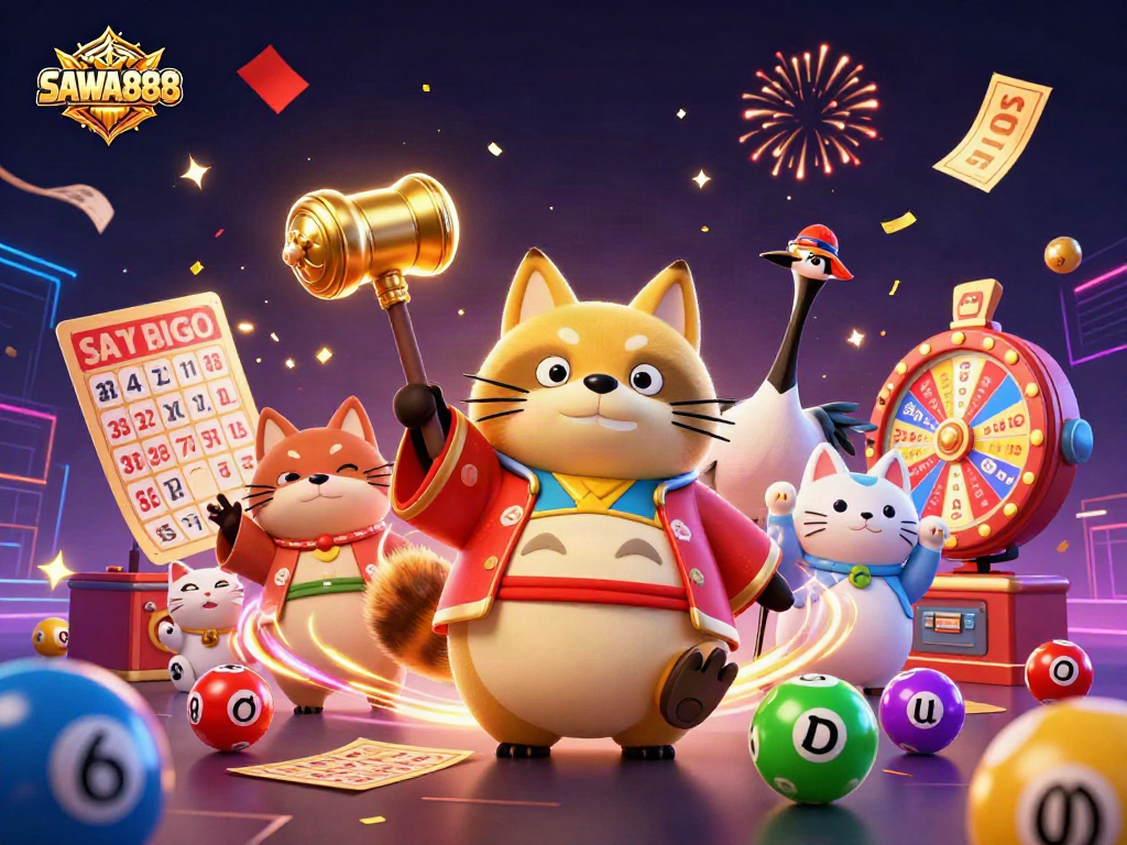 Engage with SAWA888 by spinning colorful lottery balls and winning prizes in a vibrant casino scene.