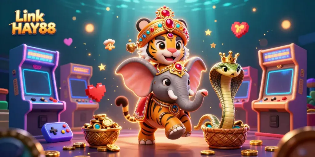 Experience the excitement of Link HAY88 with a grand 3D casino scene filled with vibrant characters and game elements.