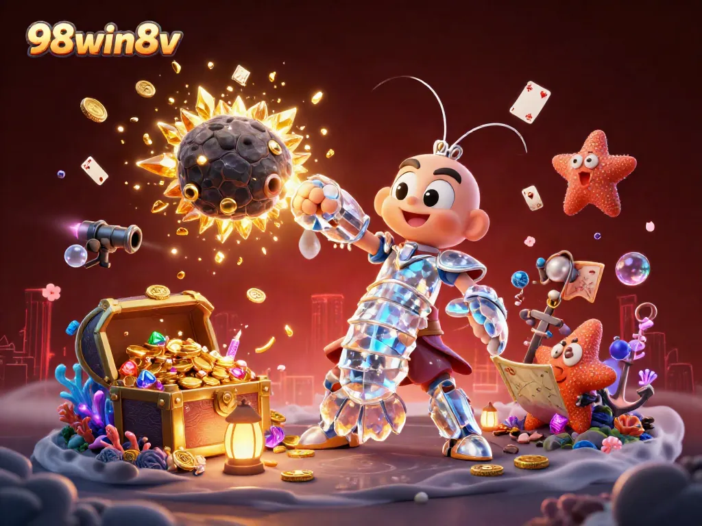 Experience the thrill of 98win8v with a dynamic 3D casino illustration featuring adventurous characters.
