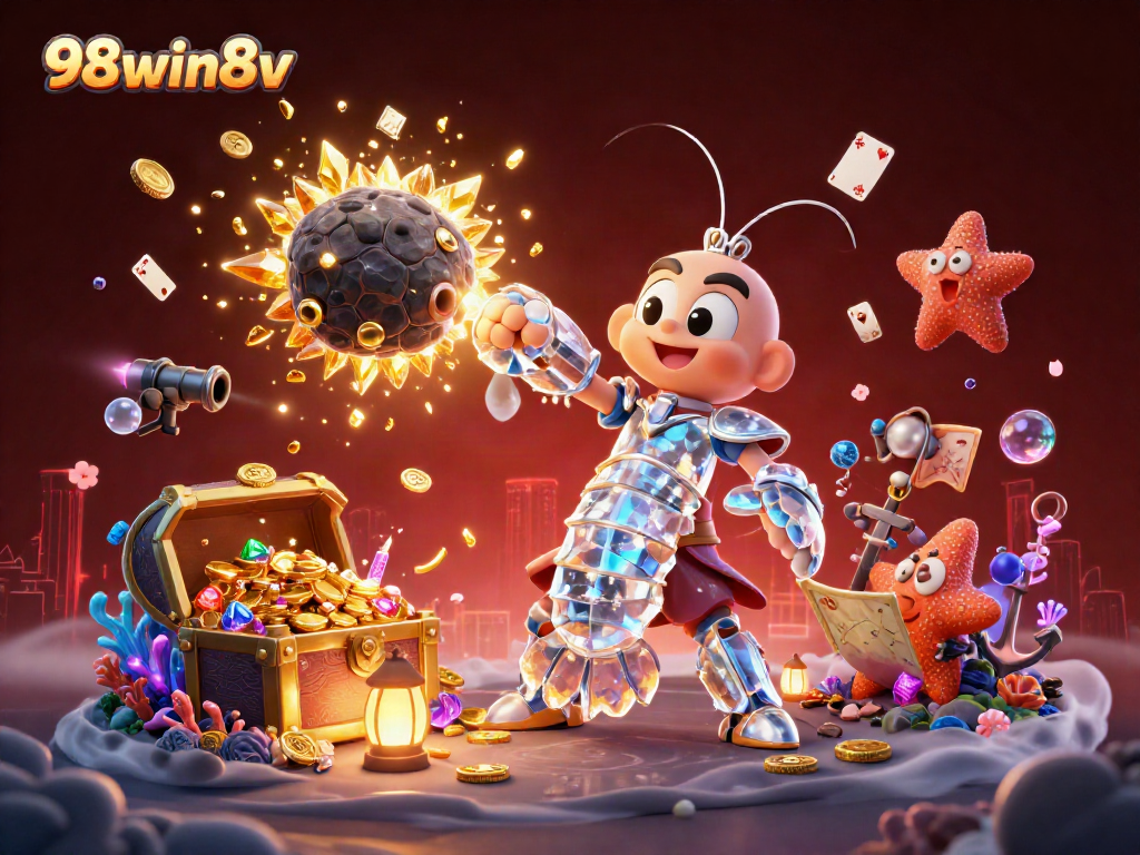 Experience the thrill of 98win8v with a dynamic 3D casino illustration featuring adventurous characters.
