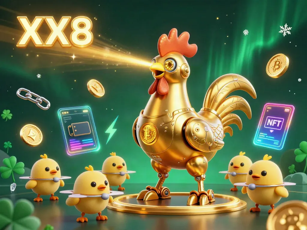 Experience the fun of XX8 with a golden rooster robot and crypto elements in this vibrant 3D art.