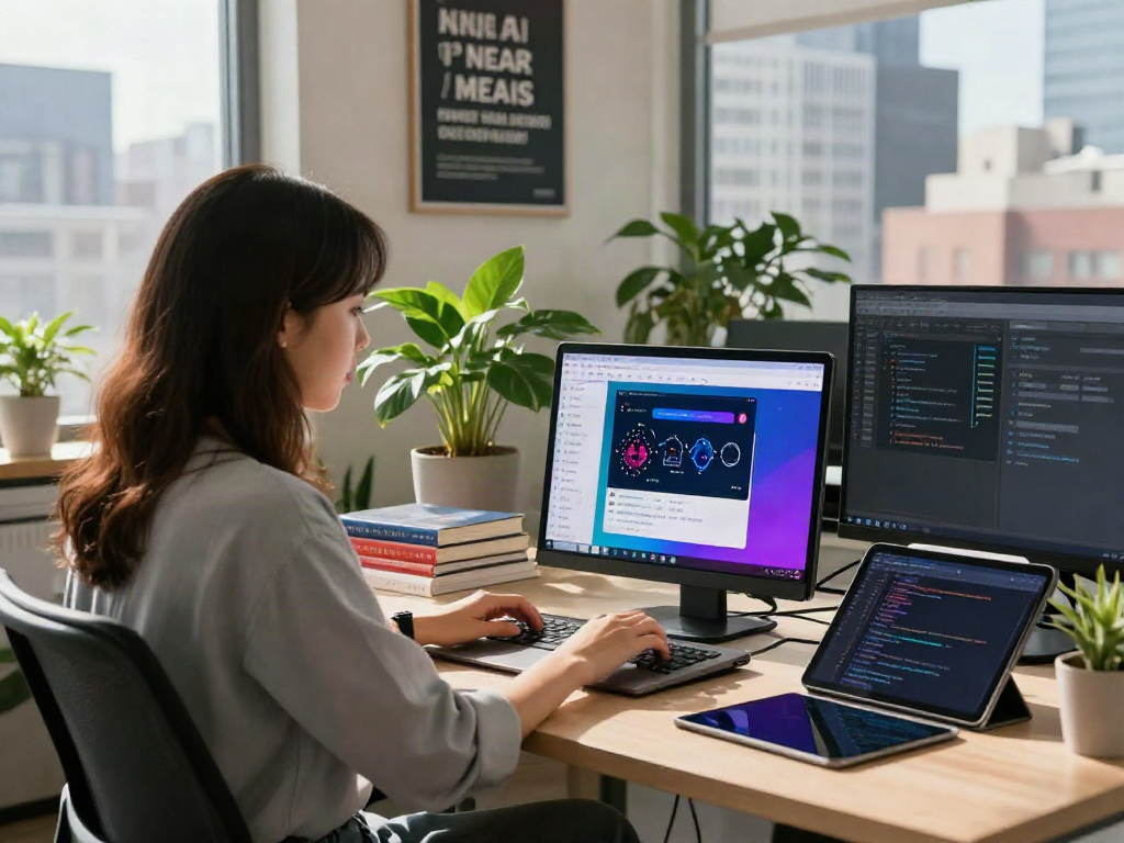 AI chat nsfw workspace with professional woman coding on laptop, showcasing innovation.