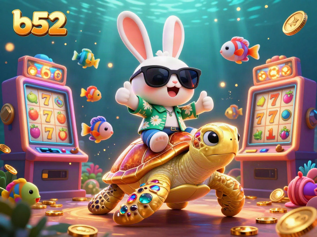 The b52 lucky rabbit enjoys a fun casino scene, surrounded by slot machines and golden coins.