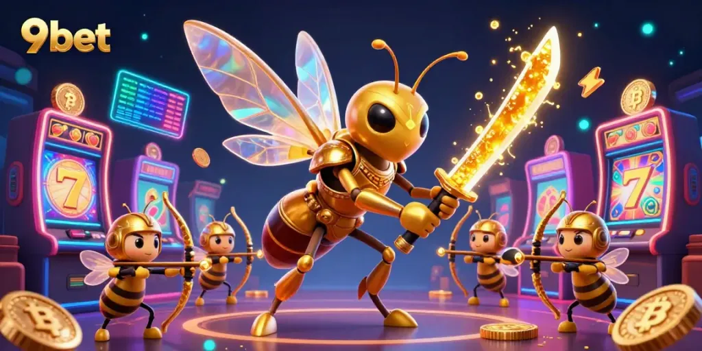 Experience the vibrant energy of 9bet with an ultra-detailed 3D illustration featuring a golden hornet in a casino.