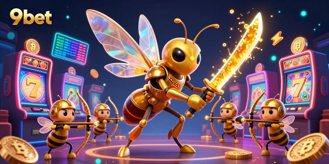 Experience the vibrant energy of 9bet with an ultra-detailed 3D illustration featuring a golden hornet in a casino.